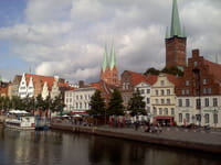 A view of the city of Lübeck, Germany, with the spires of the Church of St. Mary, center, and St. Peter's Church.